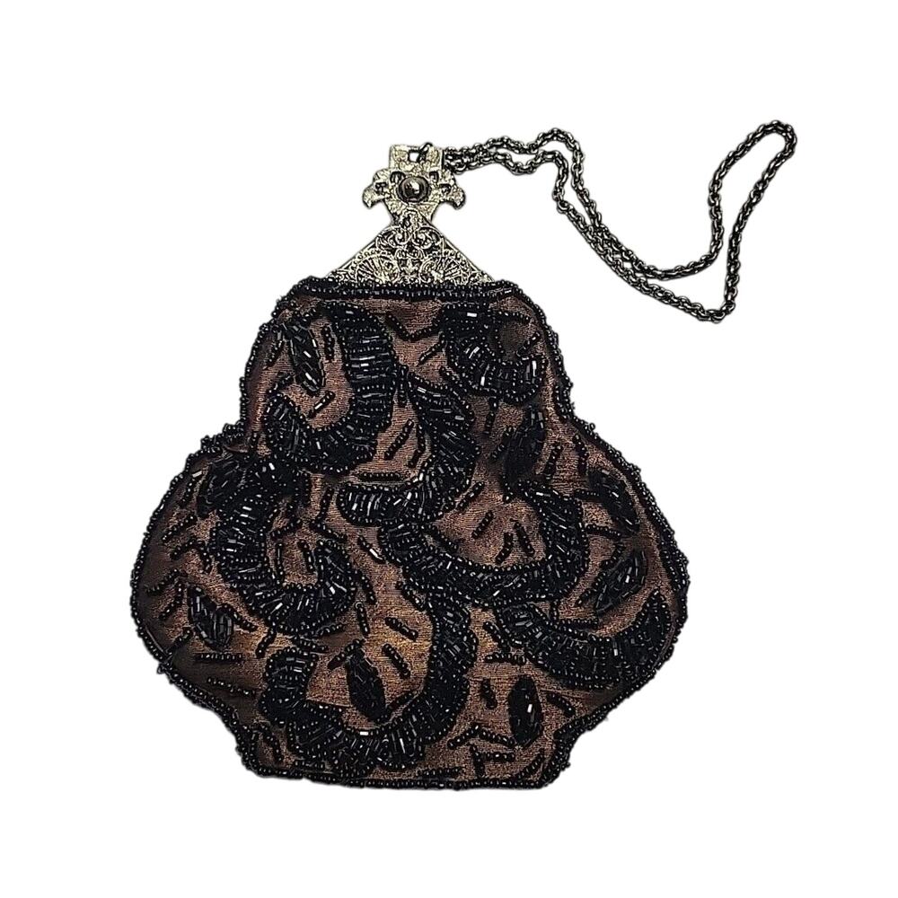 Beaded Hand Purse Vintage Antique Brown W/ Black Beads Metal Clasp/Chain